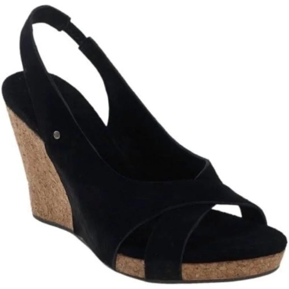 UGG Australia Hazel Black Suede Cork Wedge Slingback Sandals 1771 Mens 8